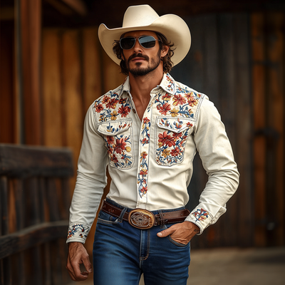 Men's Western Cowboy Style Embroidered Lapel Chest Pocket Long Sleeve Cotton Shirt 42207261Z