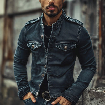 Men's Vintage Stand Collar Denim Jacket 75697045X