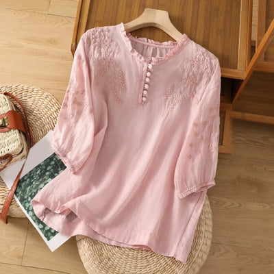 Suzanne™ | Tummy-Covering Embroidered Linen Blouse