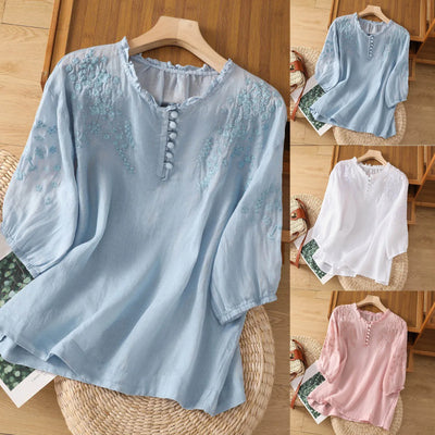 Suzanne™ | Tummy-Covering Embroidered Linen Blouse
