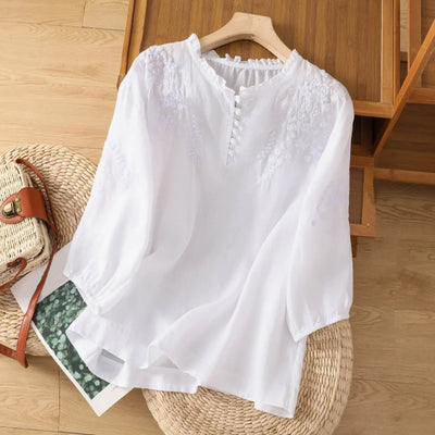 Suzanne™ | Tummy-Covering Embroidered Linen Blouse