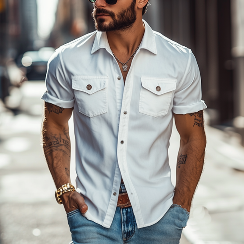 Men's Classic Casual Solid Color Slim Fit Multi-Pocket Short Sleeve Shirt 39582391K