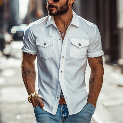 Men's Classic Casual Solid Color Slim Fit Multi-Pocket Short Sleeve Shirt 39582391K