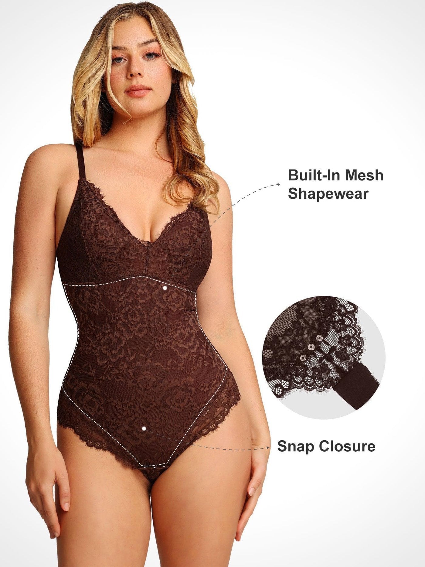 Flattering brown lace bodysuit shapewear by Popilush® with mesh and snap closure