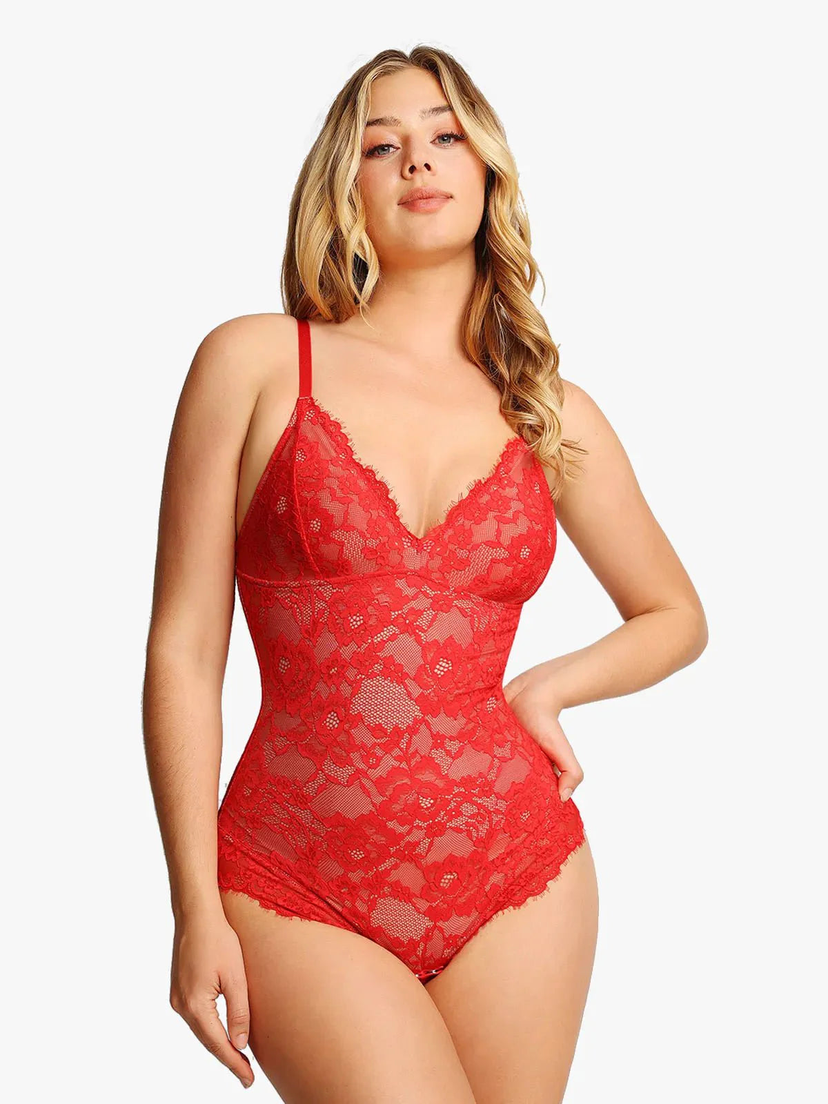 Popilush® red lace bodysuit shapewear, designed for a sexy and confident look