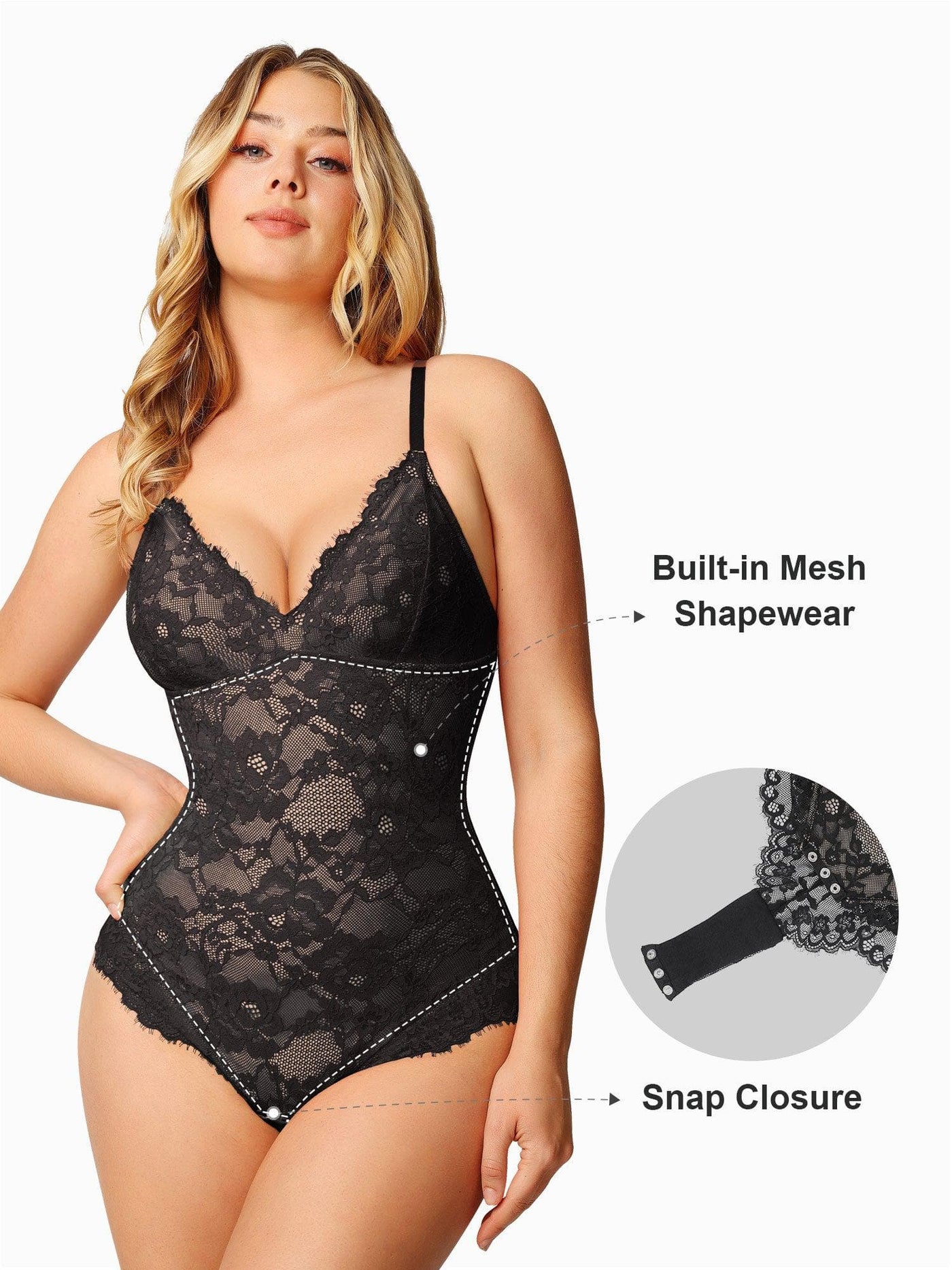 Popilush® Full Lace Bodysuit, features built-in shapewear for smoothing, and snap closure for convenience.