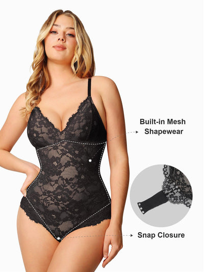Popilush® Full Lace Bodysuit, features built-in shapewear for smoothing, and snap closure for convenience.